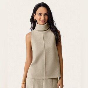 OGL FuzzLuxe Turtle Neck Split Hem Top heather morganite beige size Small NWT